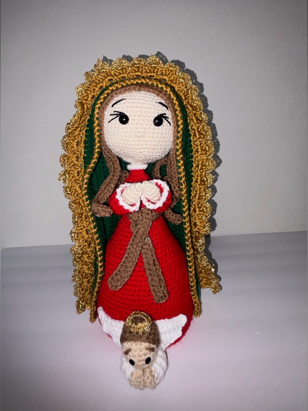 Handmade Red and Green Crochet Virgen de Guadalupe with Gold Trim